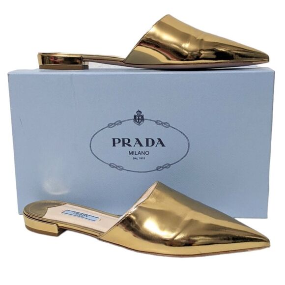 NIB PRADA Metallic Gold Pointed Toe Mules 39.5 - Picture 1 of 12